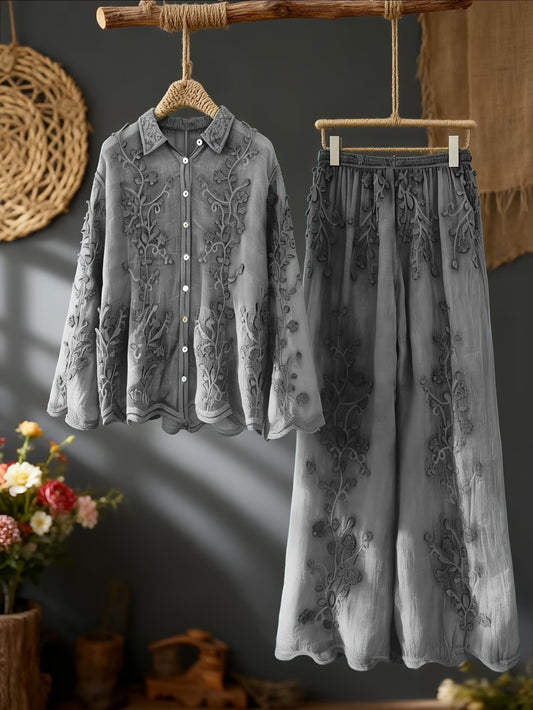 Women's Elegant Embroidered Shirt & Midi Skirt Co-Ord Set