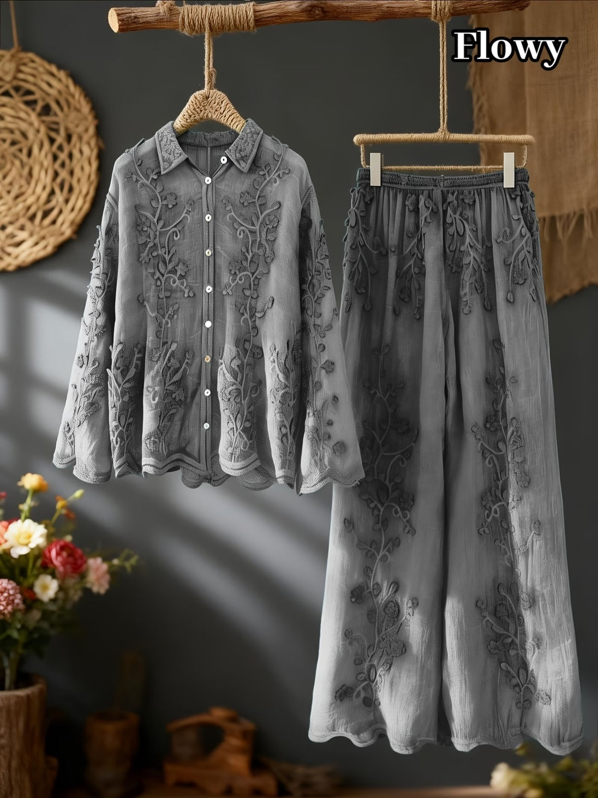 Women's Elegant Embroidered Shirt & Midi Skirt Co-Ord Set