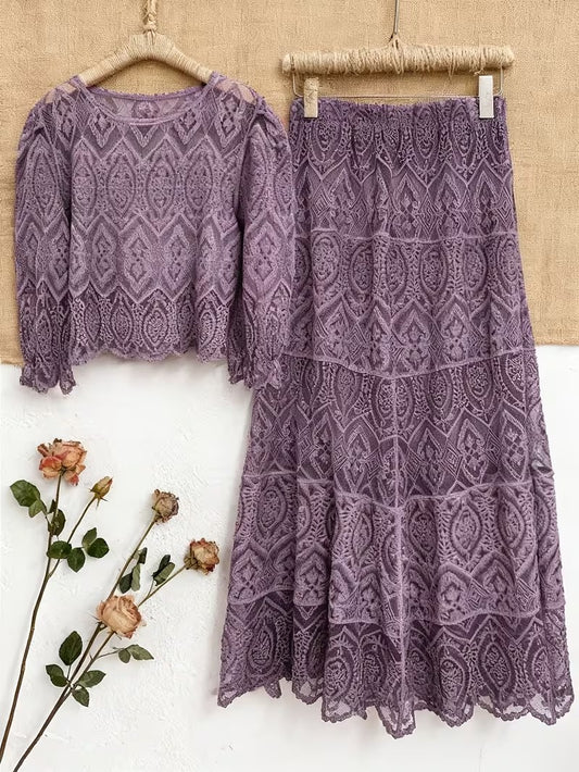 Women's Premium Semi-Sheer Sleeve Top & Midi Skirt Set