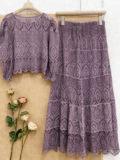 Women's Premium Semi-Sheer Sleeve Top & Midi Skirt Set