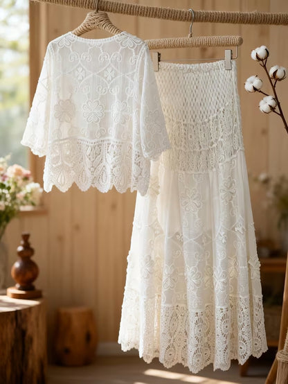 Women's Luxury French-Inspired Lace Top & Midi Skirt Set