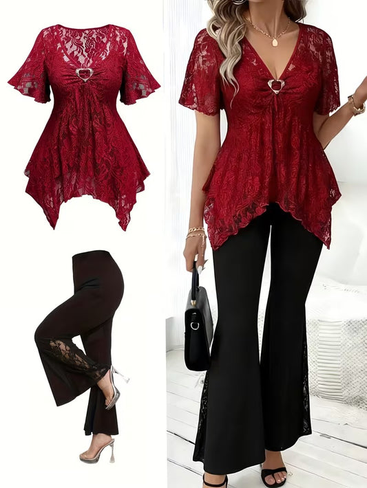 Plus Size Women's Chic Lace Patchwork Jacket & Pants Co-Ord Set