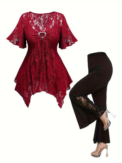 Plus Size Women's Chic Lace Patchwork Jacket & Pants Co-Ord Set