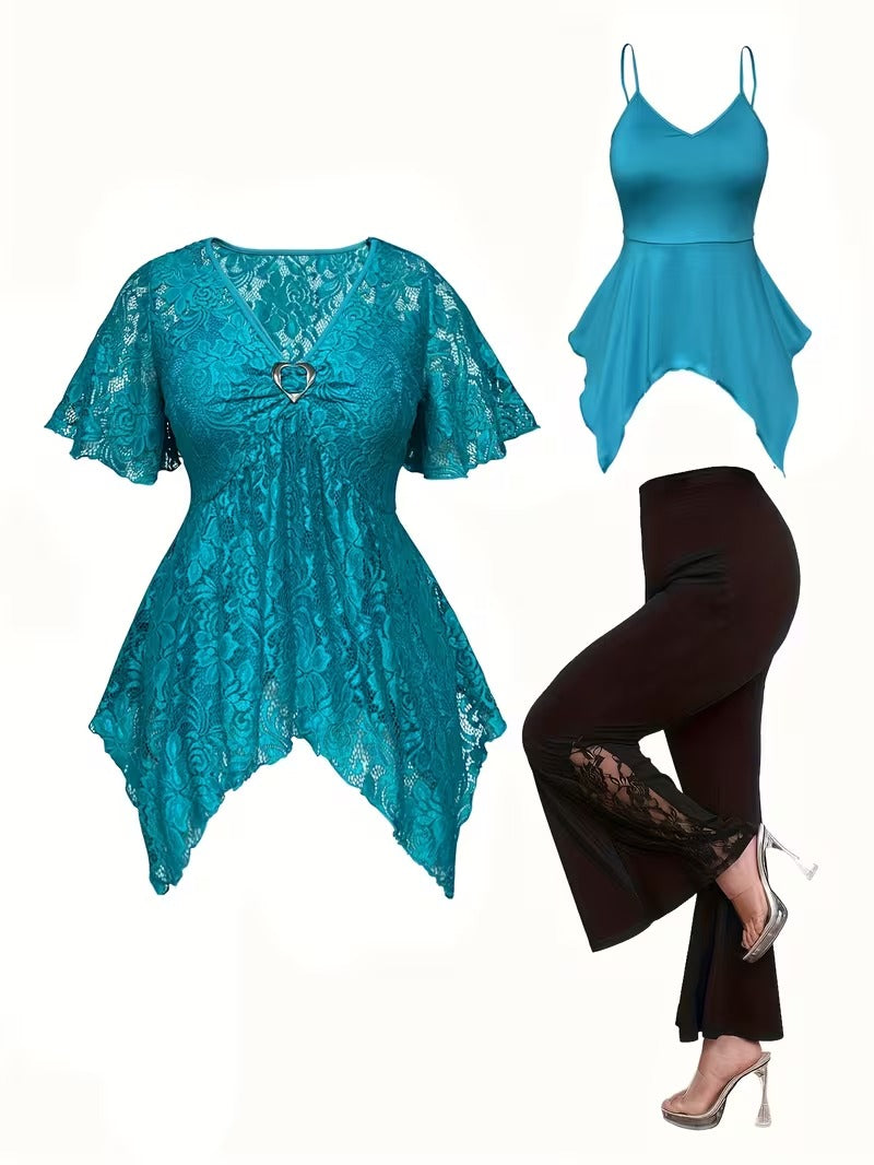 Plus Size Women's Chic Lace Patchwork Jacket & Pants Co-Ord Set