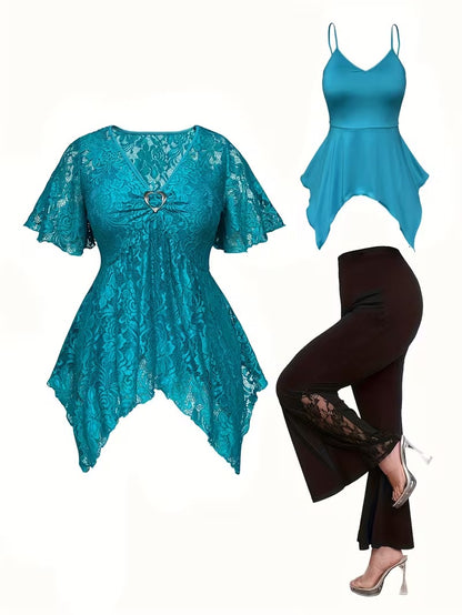 Plus Size Women's Chic Lace Patchwork Jacket & Pants Co-Ord Set
