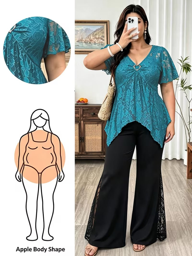 Plus Size Women's Chic Lace Patchwork Jacket & Pants Co-Ord Set