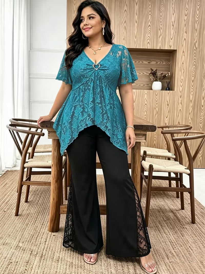 Plus Size Women's Chic Lace Patchwork Jacket & Pants Co-Ord Set
