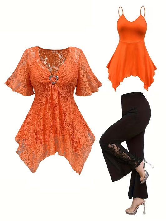 Plus Size Women's Chic Lace Patchwork Jacket & Pants Co-Ord Set