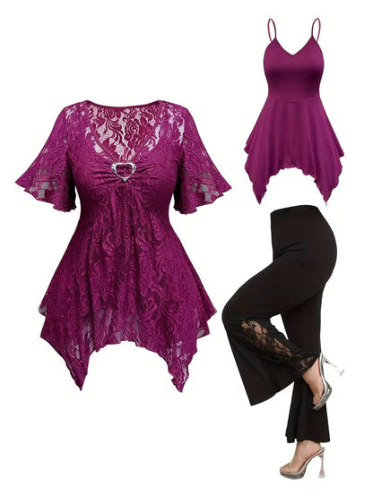 Plus Size Women's Chic Lace Patchwork Jacket & Pants Co-Ord Set