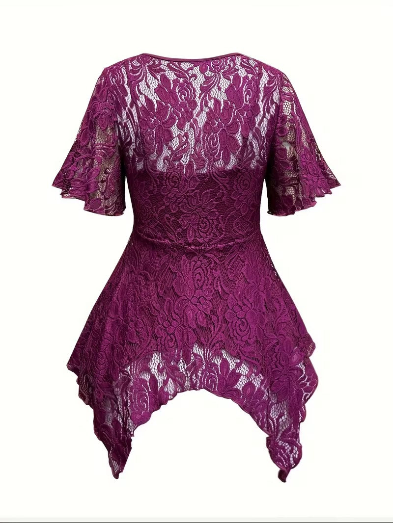Plus Size Women's Chic Lace Patchwork Jacket & Pants Co-Ord Set