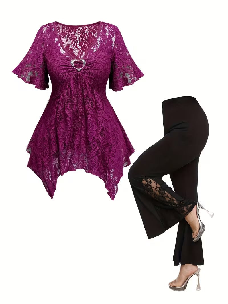 Plus Size Women's Chic Lace Patchwork Jacket & Pants Co-Ord Set