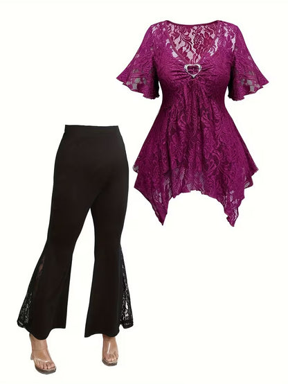 Plus Size Women's Chic Lace Patchwork Jacket & Pants Co-Ord Set