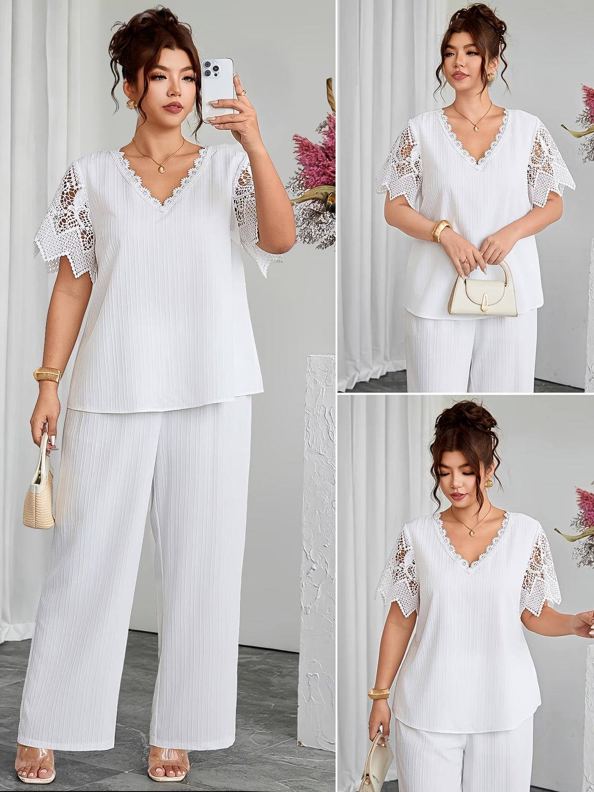Plus Size Women's Hollow Lace Sleeve Top & Pants Set
