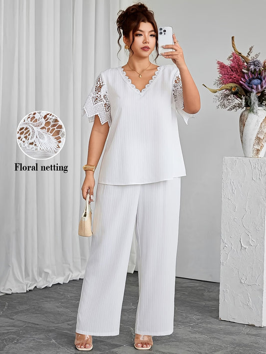 Plus Size Women's Hollow Lace Sleeve Top & Pants Set