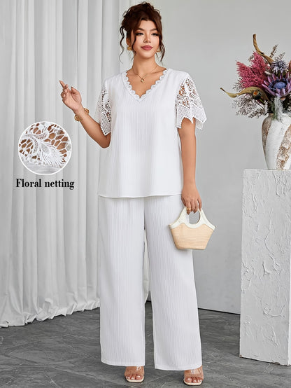 Plus Size Women's Hollow Lace Sleeve Top & Pants Set