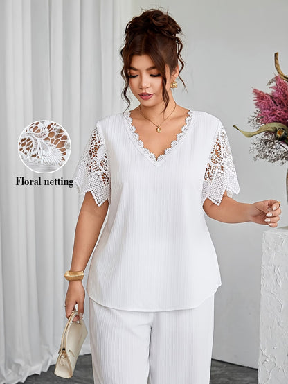 Plus Size Women's Hollow Lace Sleeve Top & Pants Set