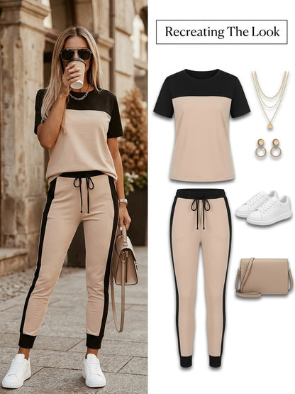 Women's Modern Color Block T-Shirt & Full-Length Pants Set