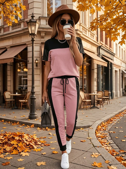 Women's Modern Color Block T-Shirt & Full-Length Pants Set