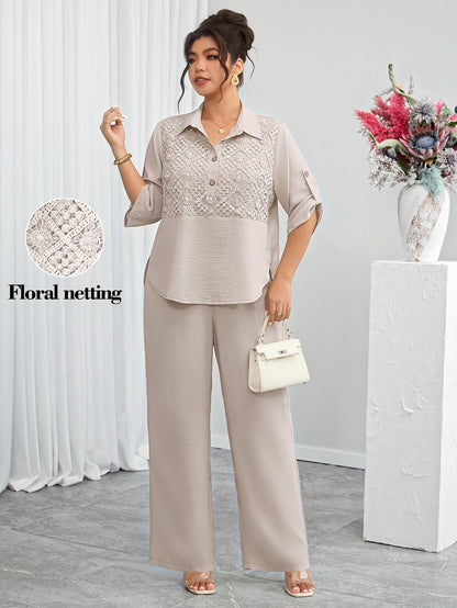 Plus Size Women's Lace Patchwork Lapel Shirt & Wide-Leg Pants Co-Ord Set
