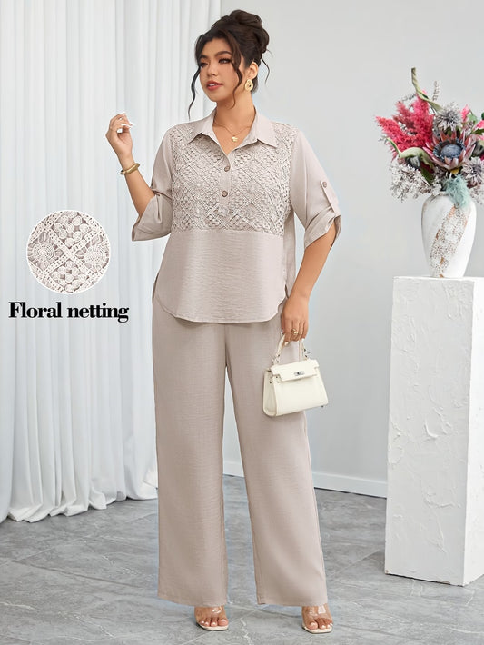 Plus Size Women's Lace Patchwork Lapel Shirt & Wide-Leg Pants Co-Ord Set