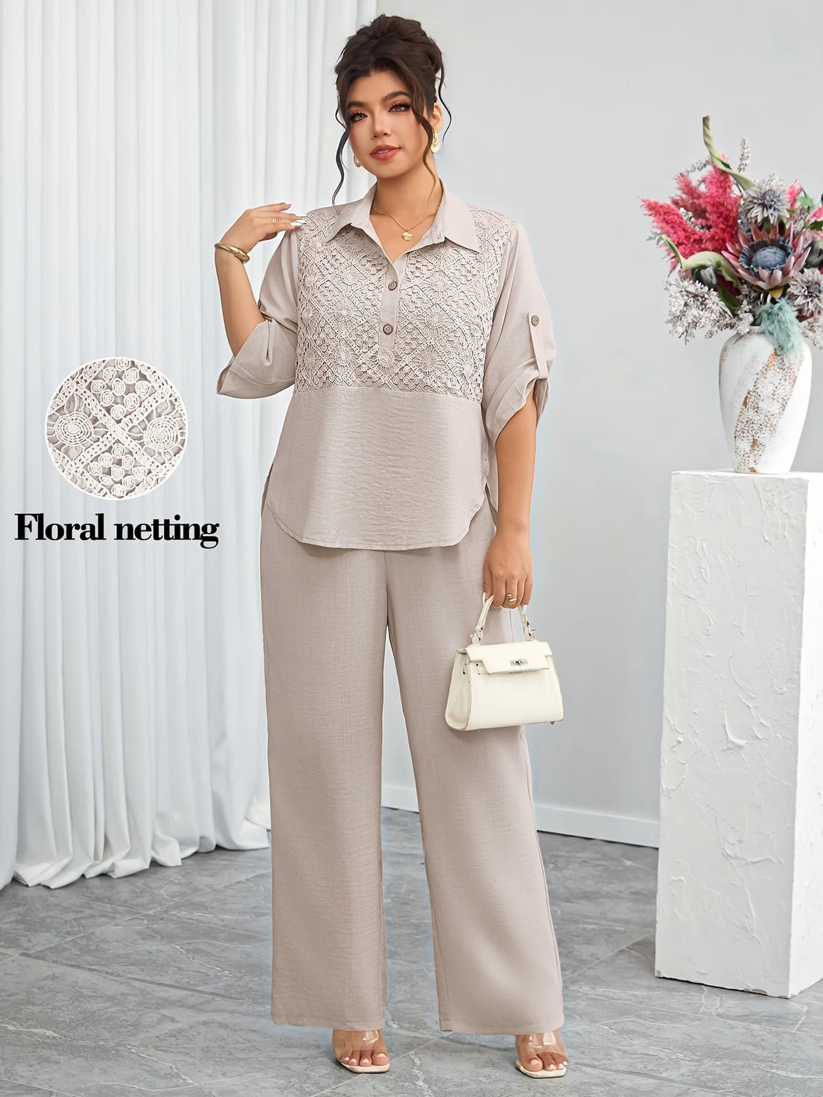 Plus Size Women's Lace Patchwork Lapel Shirt & Wide-Leg Pants Co-Ord Set