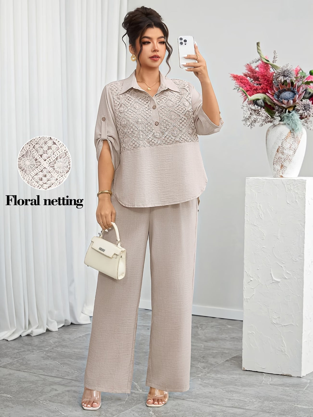 Plus Size Women's Lace Patchwork Lapel Shirt & Wide-Leg Pants Co-Ord Set