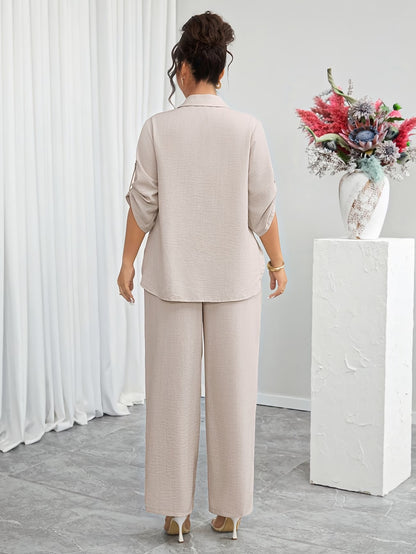 Plus Size Women's Lace Patchwork Lapel Shirt & Wide-Leg Pants Co-Ord Set