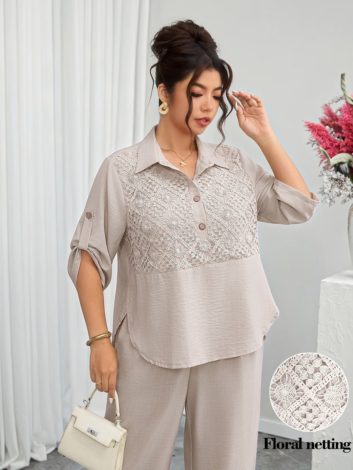 Plus Size Women's Lace Patchwork Lapel Shirt & Wide-Leg Pants Co-Ord Set