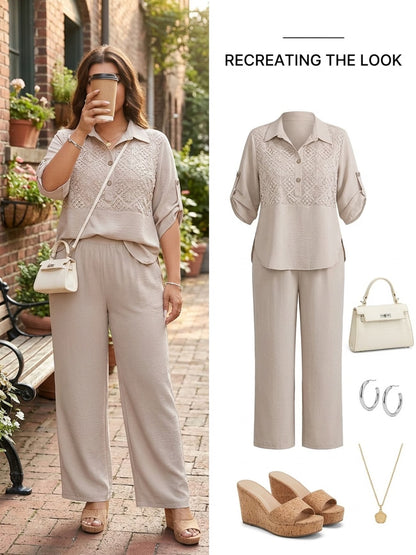 Plus Size Women's Lace Patchwork Lapel Shirt & Wide-Leg Pants Co-Ord Set
