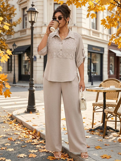 Plus Size Women's Lace Patchwork Lapel Shirt & Wide-Leg Pants Co-Ord Set