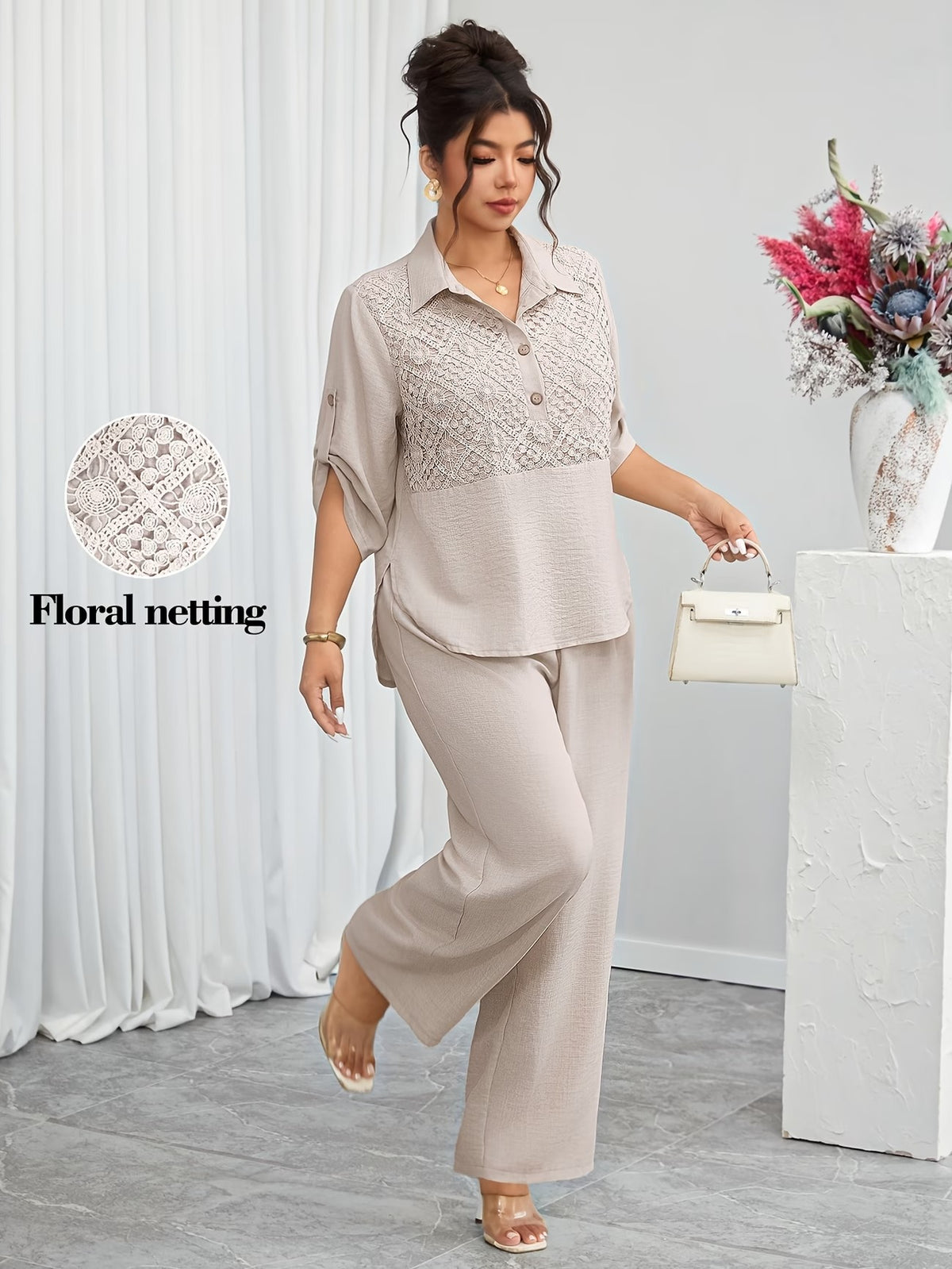 Plus Size Women's Lace Patchwork Lapel Shirt & Wide-Leg Pants Co-Ord Set