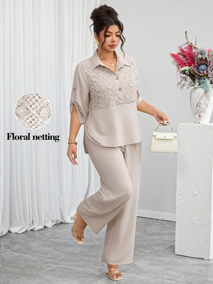 Plus Size Women's Lace Patchwork Lapel Shirt & Wide-Leg Pants Co-Ord Set