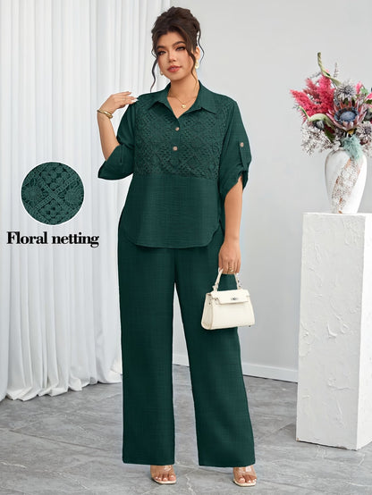 Plus Size Women's Lace Patchwork Lapel Shirt & Wide-Leg Pants Co-Ord Set