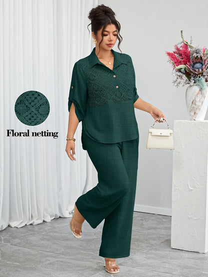 Plus Size Women's Lace Patchwork Lapel Shirt & Wide-Leg Pants Co-Ord Set