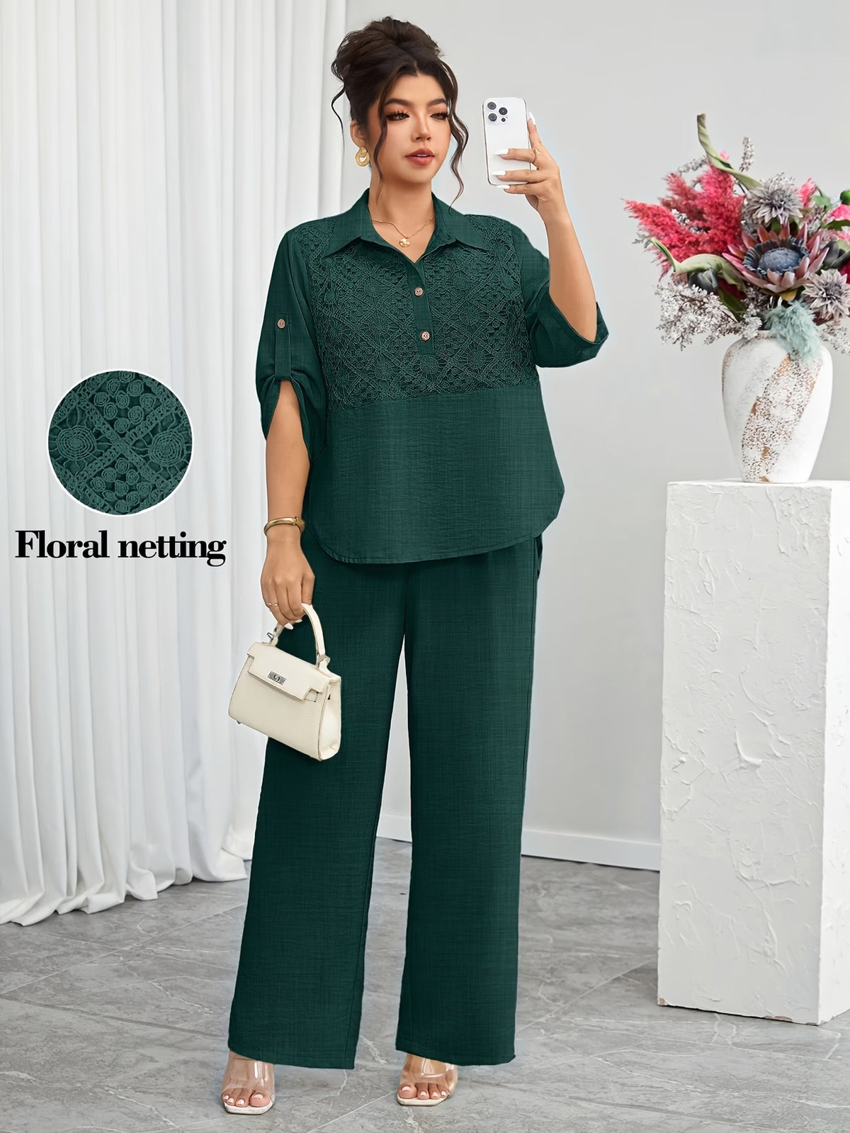 Plus Size Women's Lace Patchwork Lapel Shirt & Wide-Leg Pants Co-Ord Set