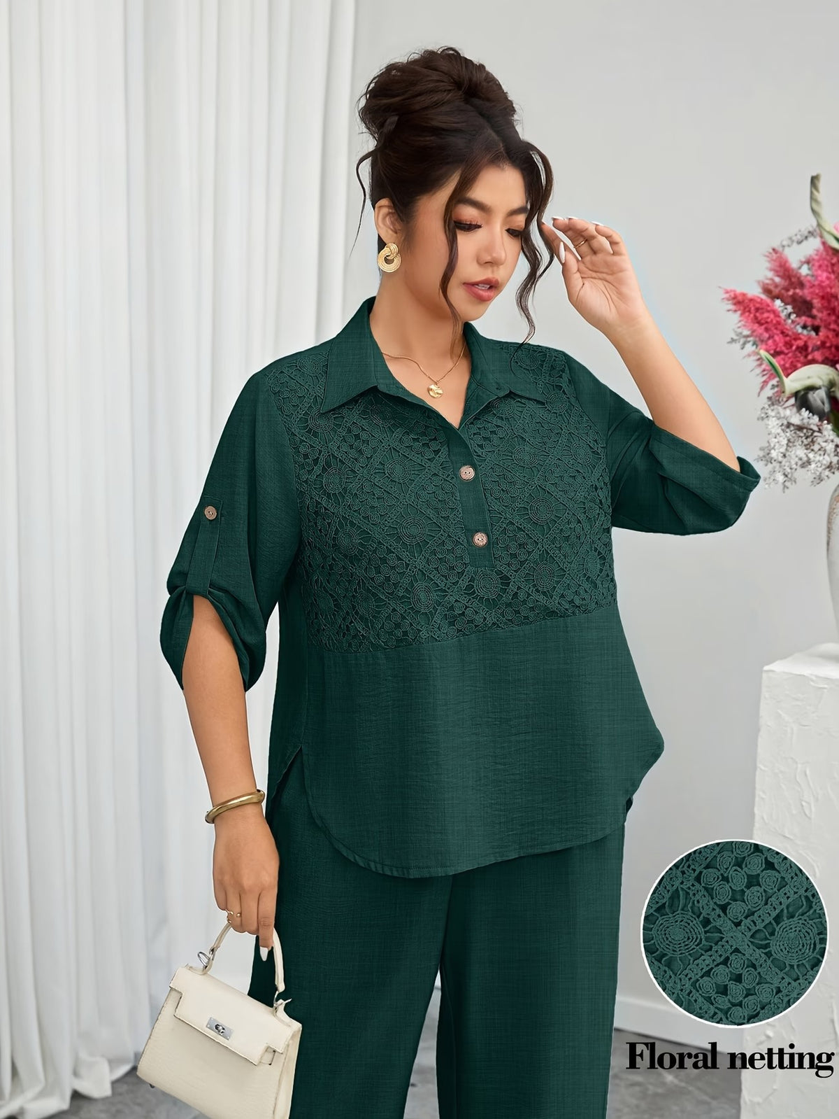 Plus Size Women's Lace Patchwork Lapel Shirt & Wide-Leg Pants Co-Ord Set