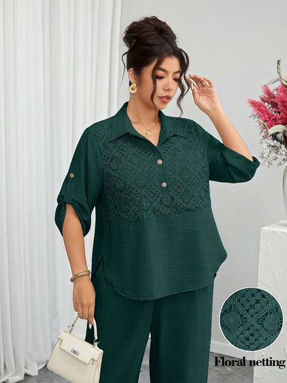 Plus Size Women's Lace Patchwork Lapel Shirt & Wide-Leg Pants Co-Ord Set
