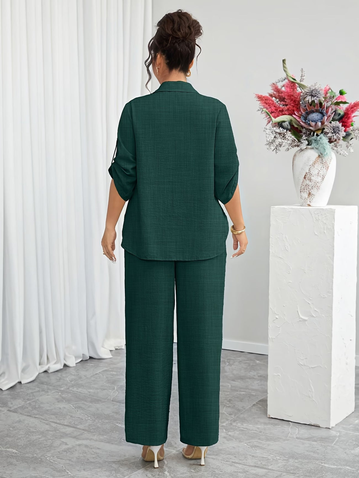 Plus Size Women's Lace Patchwork Lapel Shirt & Wide-Leg Pants Co-Ord Set