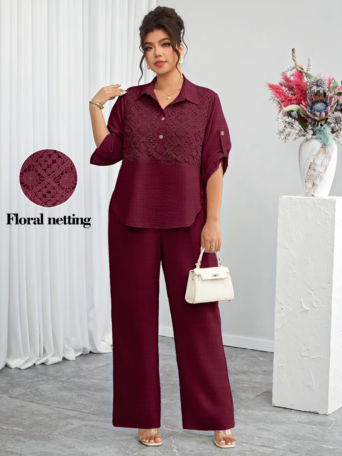 Plus Size Women's Lace Patchwork Lapel Shirt & Wide-Leg Pants Co-Ord Set
