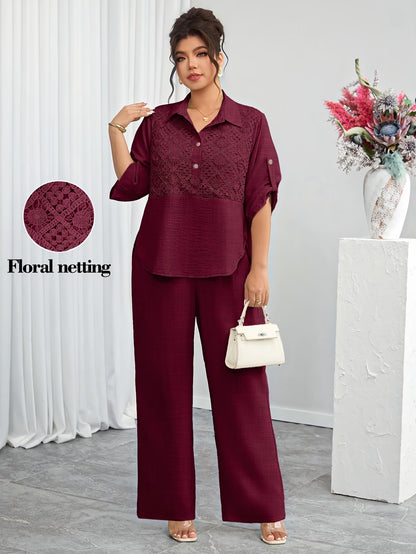 Plus Size Women's Lace Patchwork Lapel Shirt & Wide-Leg Pants Co-Ord Set