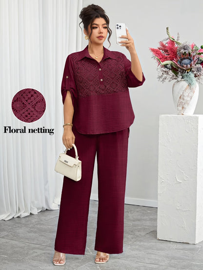 Plus Size Women's Lace Patchwork Lapel Shirt & Wide-Leg Pants Co-Ord Set