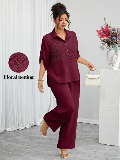 Plus Size Women's Lace Patchwork Lapel Shirt & Wide-Leg Pants Co-Ord Set