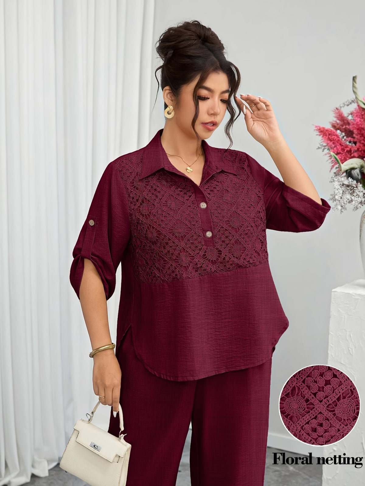 Plus Size Women's Lace Patchwork Lapel Shirt & Wide-Leg Pants Co-Ord Set