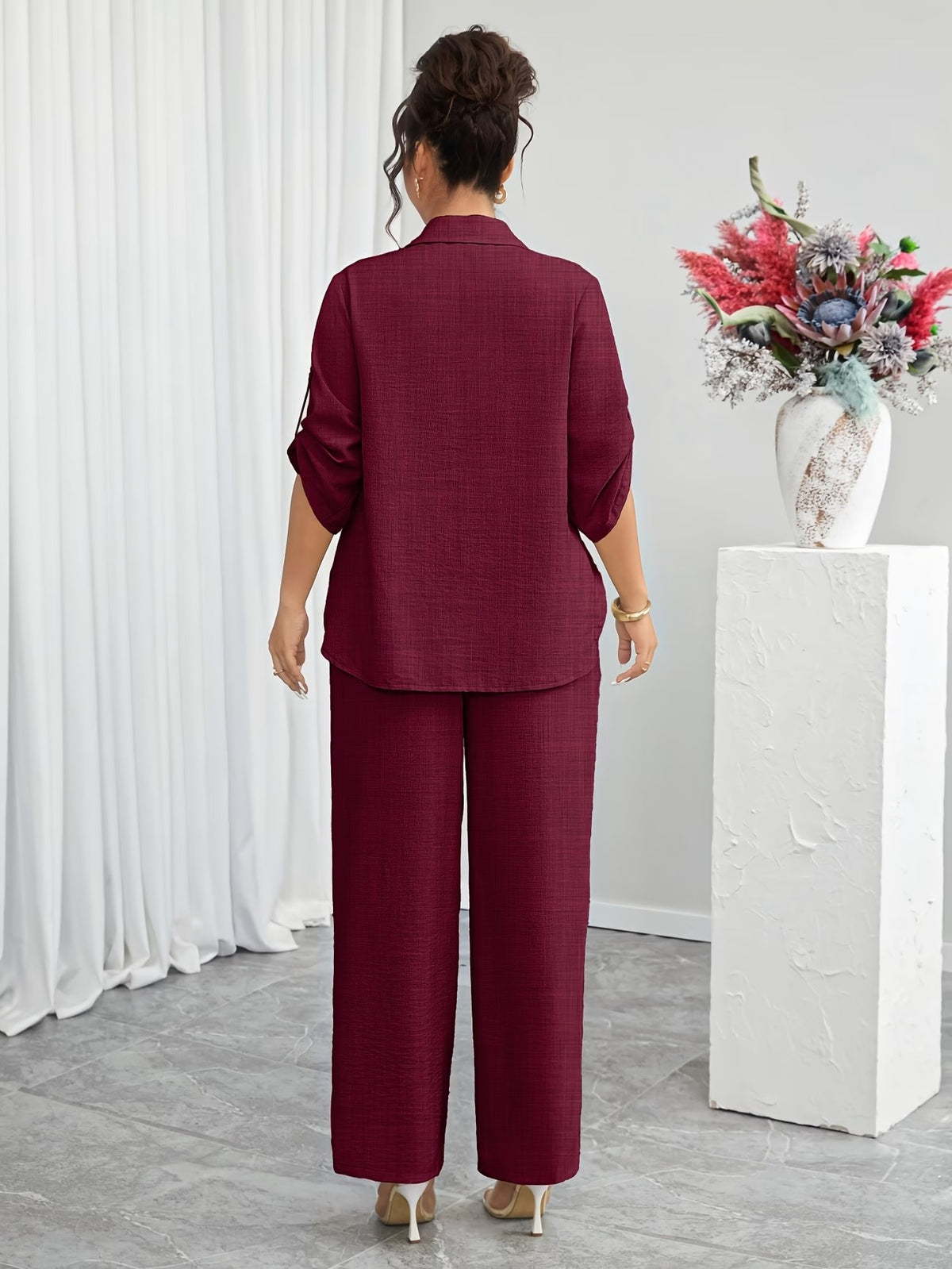 Plus Size Women's Lace Patchwork Lapel Shirt & Wide-Leg Pants Co-Ord Set
