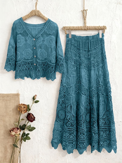 Women’s Elegant Button-Front Shirt & Flowing Long Skirt Outfit