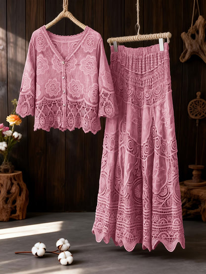 Women’s Elegant Button-Front Shirt & Flowing Long Skirt Outfit
