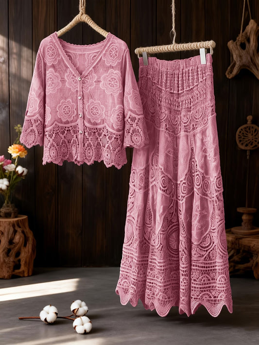 Women’s Elegant Button-Front Shirt & Flowing Long Skirt Outfit