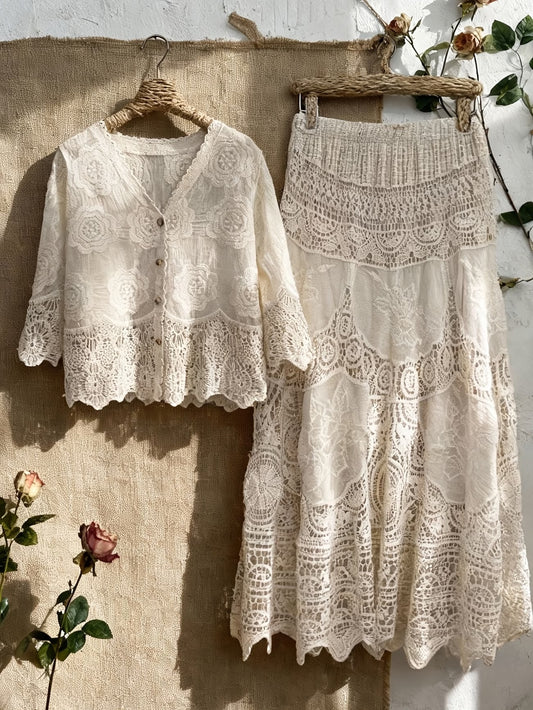 Women’s Elegant Button-Front Shirt & Flowing Long Skirt Outfit