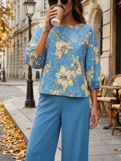 Women’s Lightweight Floral Blouse & Long Trousers 2-Piece Casual Set