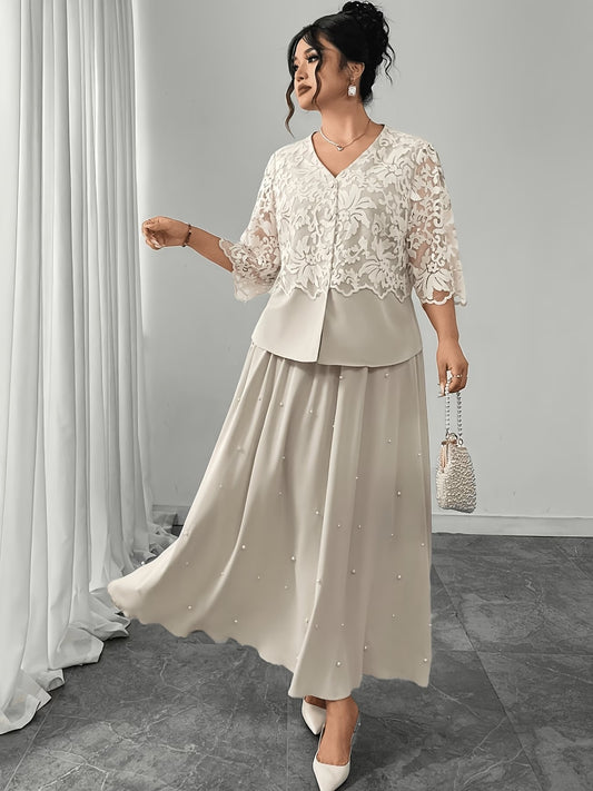 Women’s Plus Size Lace Patchwork Top & Beaded Skirt 2-Piece Outfit